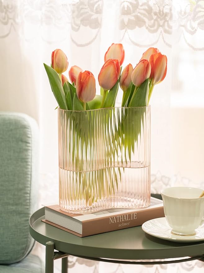 Glass Vase for Centerpieces,Modern Large Vase for Flowers,Footprint Shape Striped Bottle for Home,Office Restaurant Desk Decor 8.3 Inch(Pink)