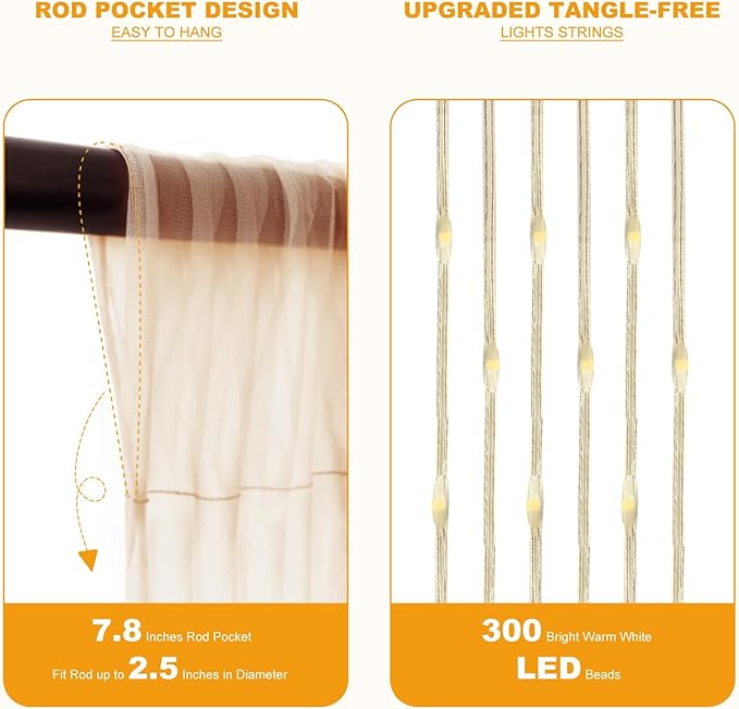 Tulle Curtain Backdrop with 300 LED Fairy Lights for Parities Wrinkle-Free Sheer Curtain Drapes Photo Back Drop for Wedding Baby Shower Bridal Shower Birthday Home Décor-10ft×10ft, Champagne