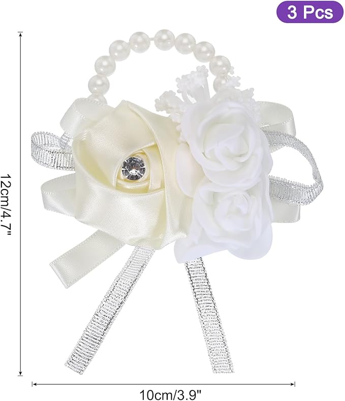 MECCANIXITY 3Pcs Wrist Corsage Artificial Flower Bracelets Rose Wrist Bride Groom Decorative for Wedding Ceremony Prom Party Anniversary Cream