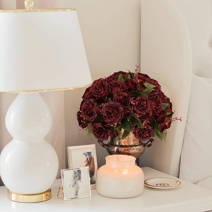 Artificial Peonies Silk Flowers, Burgundy Faux Peony Bouquet 4 Bundles Florals Arrangements for Farmhouse Home Boho Wedding Table Centerpiece, Fake Plastic Flowers Bulk for Vase Decoration (Burgundy)