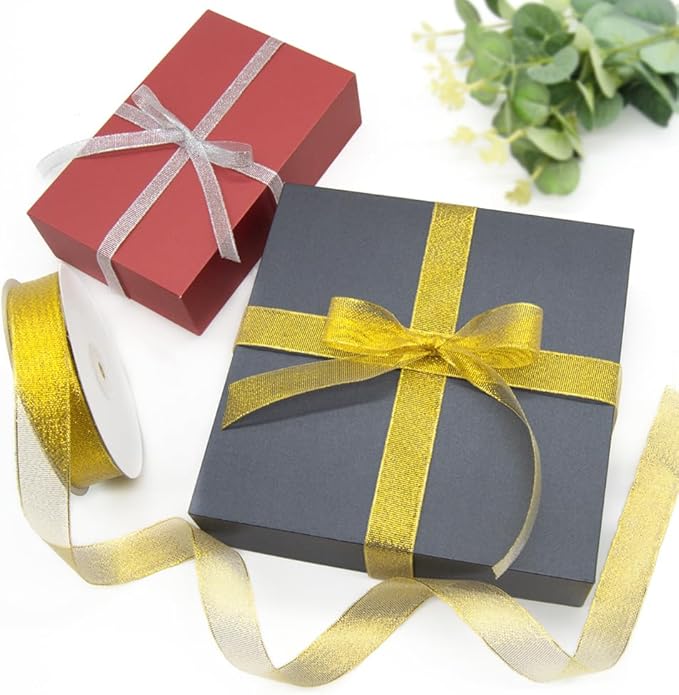 KMER LIFE 3/8 inch x 50 Yards Glitter Gold Ribbon, Sparkly Metallic Fabric Ribbons for Gifts Wrapping, Sewing, Party Decoration and DIY Crafts