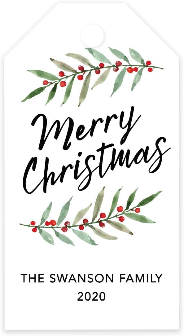 Andaz Press Personalized Christmas Holiday Season Classic Gift Tags, Merry Christmas Custom Family Name and Year, Watercolor Holly Leaves Design, for Holiday Events, Parties, and Favors, 60-Pack
