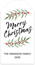 Andaz Press Personalized Christmas Holiday Season Classic Gift Tags, Merry Christmas Custom Family Name and Year, Watercolor Holly Leaves Design, for Holiday Events, Parties, and Favors, 60-Pack
