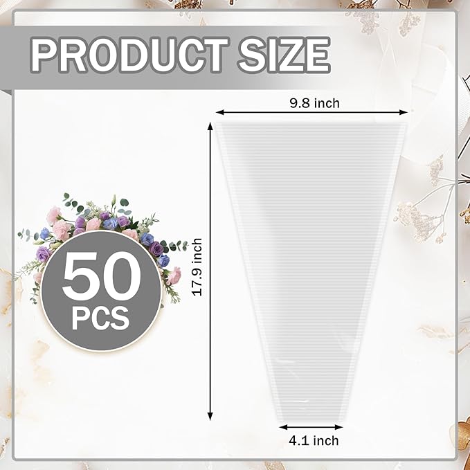 XABMU White Flower Bouquet Bags - 50 Pack White & Clear Floral Wrapping Sleeves for Wedding, Graduation, Mother’s Day Gifting & Florist Supplies