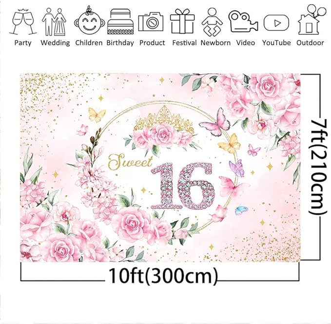 Mocsicka Sweet 16 Backdrop Rose Gold Sweet Sixteen Party Decoration Girls Pink Floral Gold Glitter Butterfly 16 Birthday Banner for Photoshoot (10x7ft)