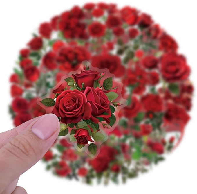 50PCS Red Rose Stickers, Vintage Aesthetic Transparent PET Decals, Waterproof Floral Stickers for Scrapbook, Journal, Water Bottles, Phone Cases, Laptops, DIY Crafts & Gift Deco