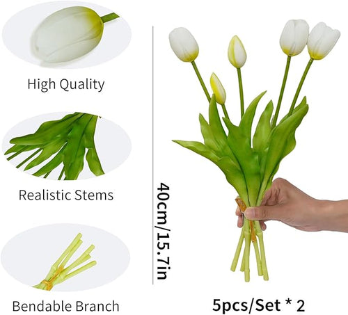10PCS White Tulips Artificial Flowers Real Touch Fake Tulips Fake Flowers White Flowers Artificial Mother's Day Easter Valentine'S Day Gifts Spring Decorations For Home