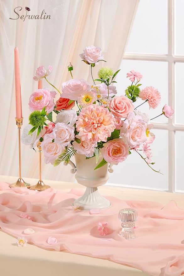 Serwalin Artificial Silk Flowers Blush Pink, Fake Flowers Stems for Wedding Bouquets DIY, Baby Shower Centerpieces, Cake Decor, Birthday Party & Home Decor (Pale Pink)