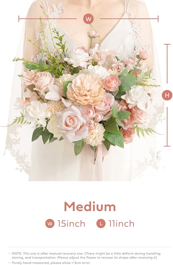 Ling's moment Blush Pink Wedding Bouquets for Bride, Blush and Cream Bridal Bouquets for Bride, 15 Inch Free Form Artificial Wedding Flower Bouquet