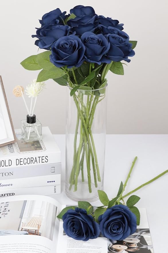 30pcs Roses Artificial Flowers Navy Blue Fake Roses Flowers with Long Stems Silk Flowers for Wedding Bouquet Centerpices Decorations Party Bridal Baby Shower Home Decor