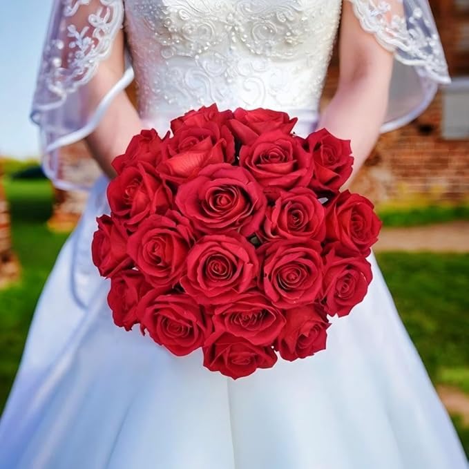 Jasion 50PCS Artificial Roses 4.14'' Realistic Velvet Large Flowers Long Stem Faux Flowers Bouquet for Wedding Home Party Table Centerpieces Decorations (Red)