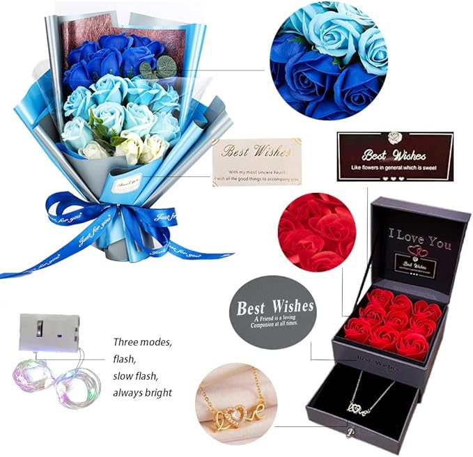 EIGHTOWN Roses Bouquet Artificial Flower - Preserved Blue Rose Flowers with Love Necklace for Her - Unique Gifts Valentine's Day, Mother's Day, Thanksgiving, Birthday, Anniversary