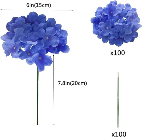100PCS Artificial Hydrangea Flowers, Fake Flowers Silk Hydrangea Full Flowers Heads with Stems for Wedding Home Party Shop Baby Shower Decor (Bright Blue)