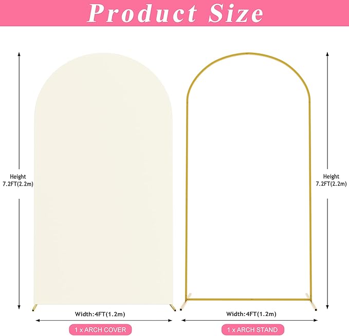 Putros 7.2ft Metal Arch Stand with Cover Ivory Spandex Fitted Wedding Arch Cover and Round Top Chiara Backdrop Stand Set for Birthday Party Baby Shower Decoration