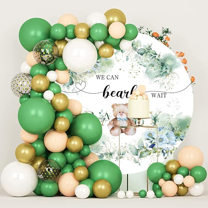 OERJU 4x4ft Bear Baby Shower Round Backdrop We Can Bearly Wait Lovely Photography Background Green Leaves Floral Circle Backdrop Cover Birthday Gender Reveal Party Decoration Photo Booth Props