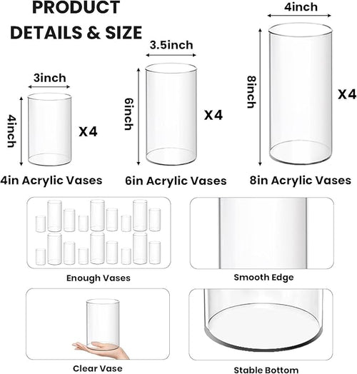 12 Pcs Acrylic Cylinder Vases 4,6,8 Inch Tall Clear Acrylic Flower Vases Bulk Floating Candle Holders Cylinder Plastic Vases for Centerpiece Table Wedding Home