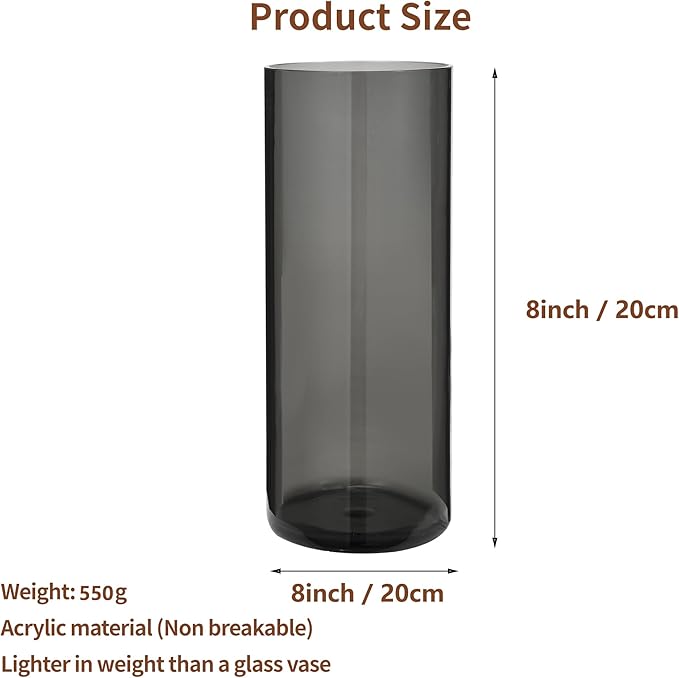 Flower Vase, Non-breakable Vases, 8" W x 8" H, Acrylic Grey Vase, Aesthetic Room Decor Cylindrical Modern Flower Vases for Table Centerpiece, Home Decor, Women Floral Arrangement Gift