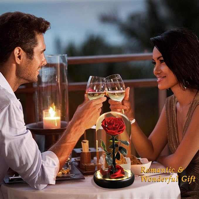 Christmas Flower Gifts for Women,Mom Gifts,Beauty and The Beast Rose in Glass Dome,Preserved Rose with Lights,Flower for Delivery Prime,Forever Flowers Birthday Gifts for Women Mom Wife Girlfriend