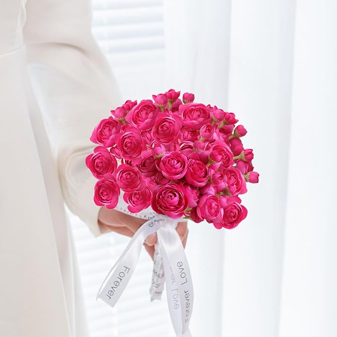 ASTRYAS Ranunculus Artificial Flower, 18Pcs Hot Pink Faux Silk Mini Ranunculus Flowers for DIY Bouquet, Bulk Fake Wedding Filler Flowers for Centerpiece Table Wedding Bridal Party Home Decor Cake