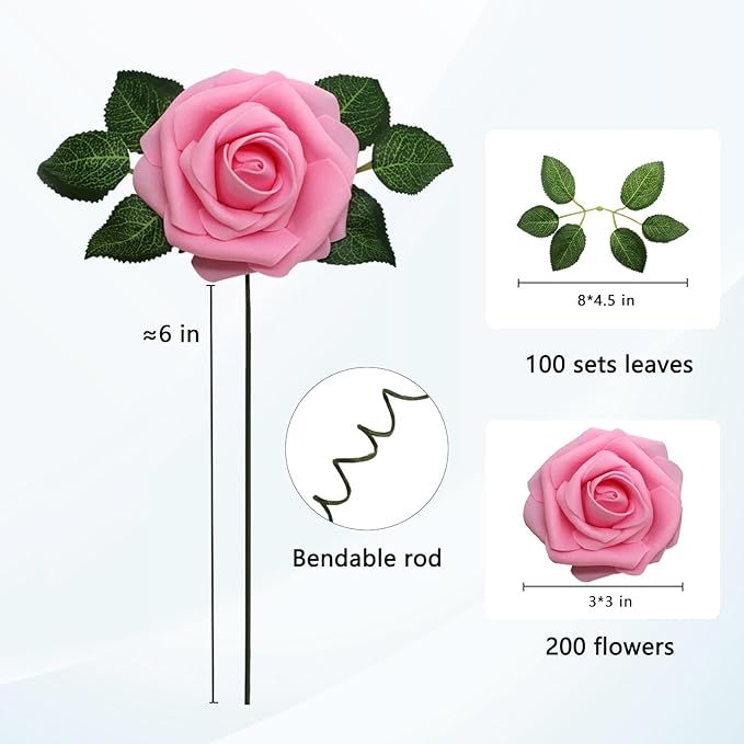 JOYLEX Artificial Flowers Realistic Roses, Real Looking Fake Roses with Stem for DIY Wedding Bouquets Centerpieces Bridal Shower Party Home Romantic Decorations (Dark Pink, Regular 3" - 200pcs)