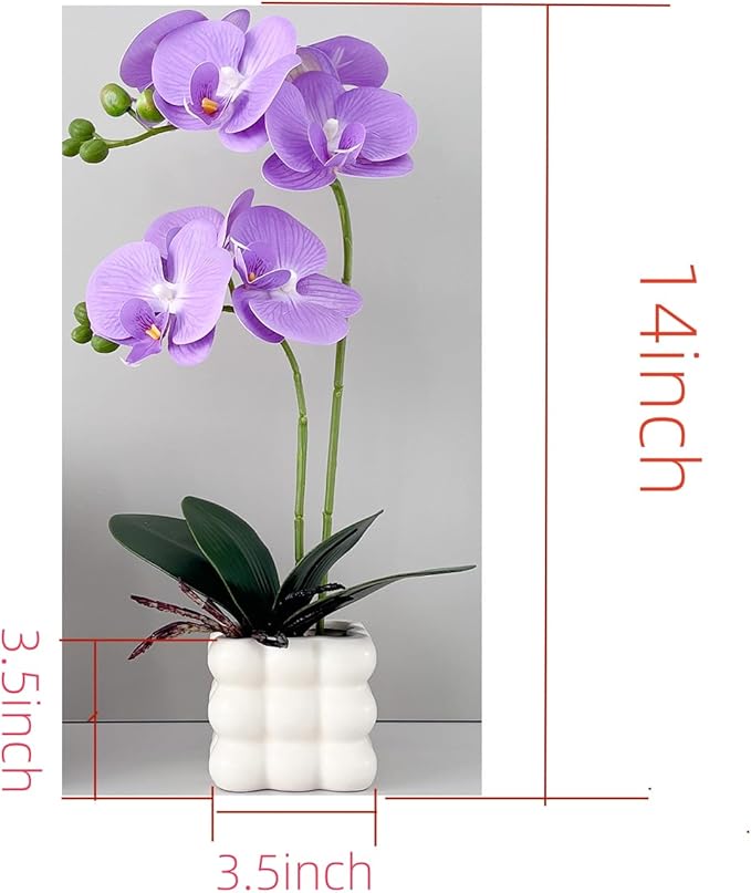 Artificial Orchid Flowers, 14 Inches Tall, Purple, Set in White Vases for Home Decor Orchid Artificial Flowers