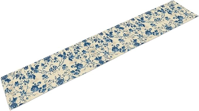 Vintage Floral Table Runner, Retro Blue Flowers Farmhouse Design Table Runner for Kitchen Dining Holiday Party Decor, 13x36 Inch