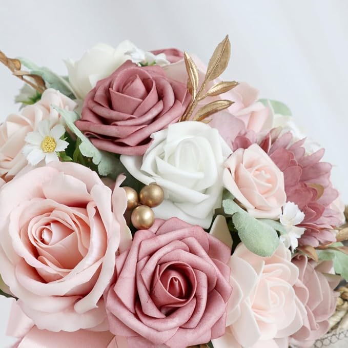S_SSOY Wedding Bouquet Bride,Bride Bridal Bouquet Bridesmaid Artificial Flowers for Ceremony Anniversary Party Bridal Shower Decoration Wedding Bouquets (Bean Paste Pink)