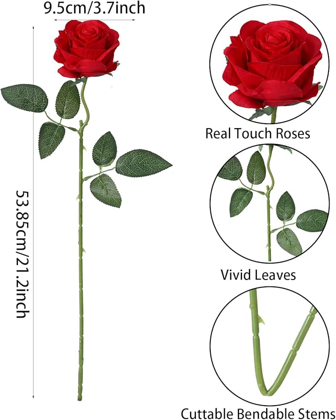LFF 10pcs Silk Rose Flowers Long Stem Artificial Rose Flower for Home Wedding Party Decor (Red)