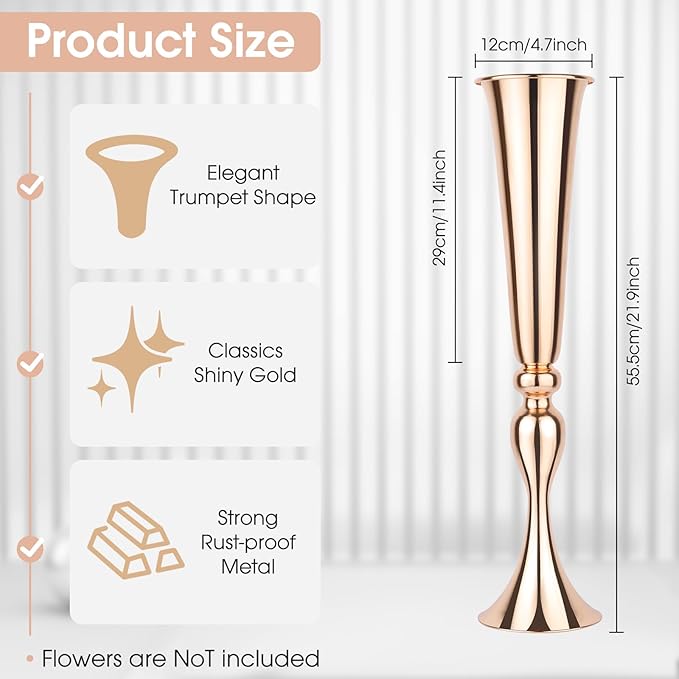 2 Set Rose Gold Vases Centerpieces for Table, Mjkeomo Trumpet Vases 21.9'' Tall Rose Gold Vase for Centerpieces, Table Centerpieces for Party Event, Christmas, Wedding, Valentine's Day