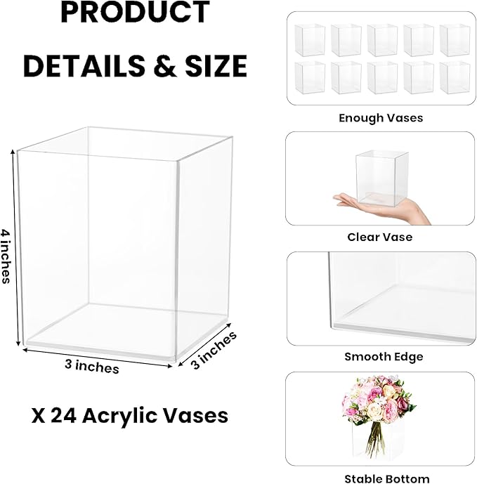 24 Pack Acrylic Vases, 4 Inch Clear Cube Acrylic Vase Bulk Small Square Plastic Flower Vase Container Unbreakable Plastic Vases for Centerpiece Home Table Wedding