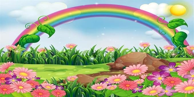 AOFOTO 20x10ft Cartoon Spring Flowers Rainbow Backdrop Meadow Sweet Floral Blossom Sky Sun Enchanting Garden Scenery Background for Kids Baby Shower Birthday Party Decor Wallpaper Photoshoot Props