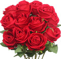 Jasion 12PCS Artificial Roses Realistic Velvet Silk Flowers Long Stem Faux Flowers Bouquet for Wedding Home Party Table Centerpieces Decorations (Red)