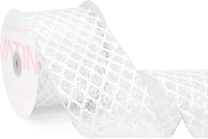VATIN 4" White Christmas Ribbon, White Glitter Mesh Diamond Web Sequin Dots Wired Christmas Ribbon for Gift Wrapping Bow Making Wreath Supply-10 Yards