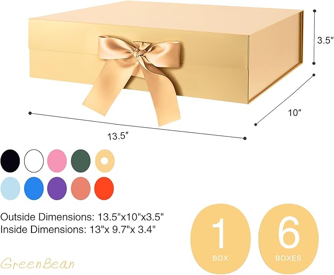 GREEN BEAN Large Gift Box with Lid for Present 13x9.7x3.4 Inches, Gold Magnetic Luxury Gift Box with Ribbon, Christmas Bridesmaid Proposal Gifts Box (Glossy Gold)