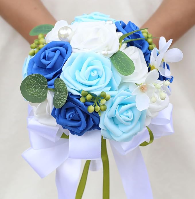 Lightweight Bridal Wedding Bouquet Round Holding Bouquet Throw Toss Artificial Rose Flower Bunch for Bride Bridesmaid Wedding Quinceanera (White, Royal Blue & Light Blue, 6.7")