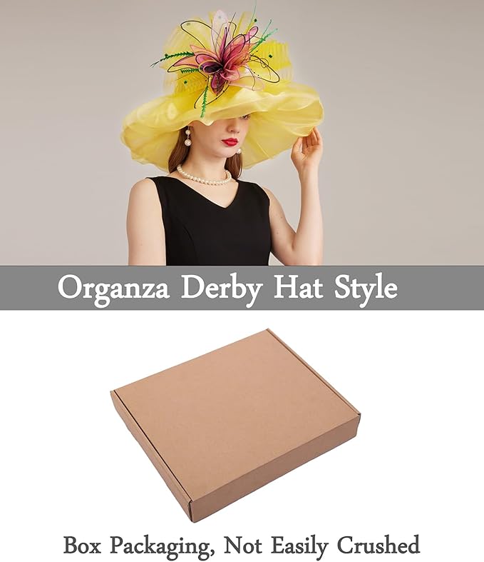 Organza Derby Hats for Women Wide Brim Fascinator Hat Rose Flower Wedding Tea Party Hat
