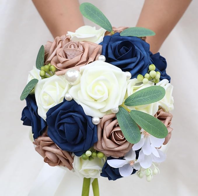 Lightweight Bridal Wedding Bouquet Round Holding Bouquet Throw Toss Artificial Rose Flower Bunch for Bride Bridesmaid Wedding Quinceanera (Cream, Navy & Rosy Brown, 7.9")