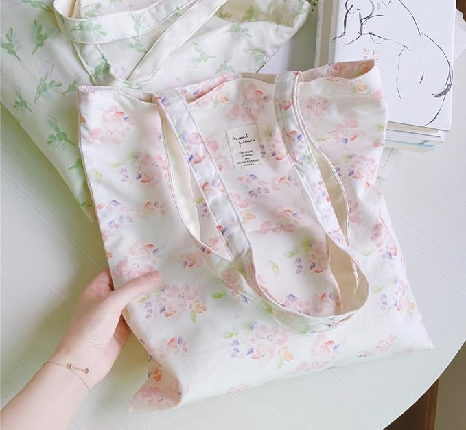 Cotton Canvas Tote Bag Reusable Soft Grocery Cloth Bag Floral Shoulder Bag for Beach Travel Shopping