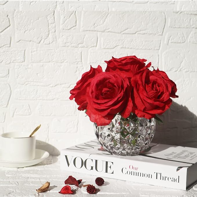 7 Large Stem Rose Red Artificial Flowers in Vase, Silk Flowers Arrangement in Round Glass Vase Without Water for Home Decor, Wedding Table (Red)