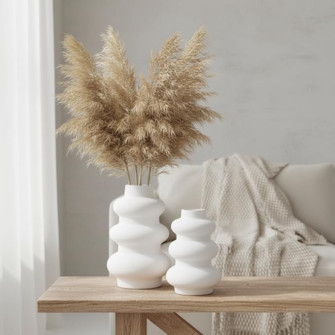 Ajuny Ceramic Vase Set of 2 – White Gourd-Shaped Vases for Centerpieces, Home Decor Living Room, Minimalist Room Decor, Modern Farmhouse Accent, Table Shelf Office Styling, Vases Home Decor Aesthetic.