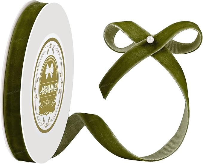 Olive Green Velvet Ribbon 3/8 Inches x 5 Yards for Gift Wrapping, Crafts, Christmas Tree, Wreath, Bow Making, Vintage Fabric DIY on The Spool
