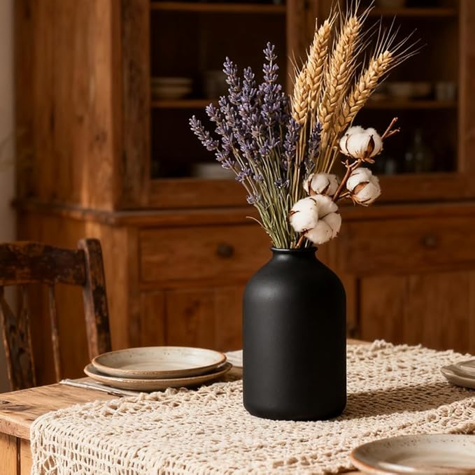 Large Black Ceramic Vase – Modern Matte Flower Vase for Table, Shelf, Mantel, Bathroom, Coffee Table, Centerpieces – Wabi Sabi Home Decor, Minimalist Decorative Accent for Living Room, Office, Dining