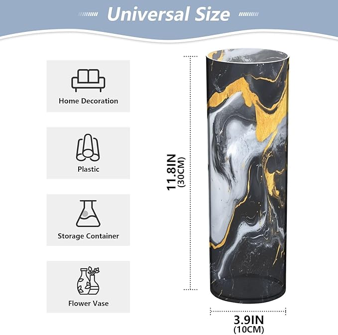 Flower Vase for Centerpieces, Marble Texture Black Gold Plastic Cylinder Vase, Clear Bud Vases for Home Wedding Office Table Decor