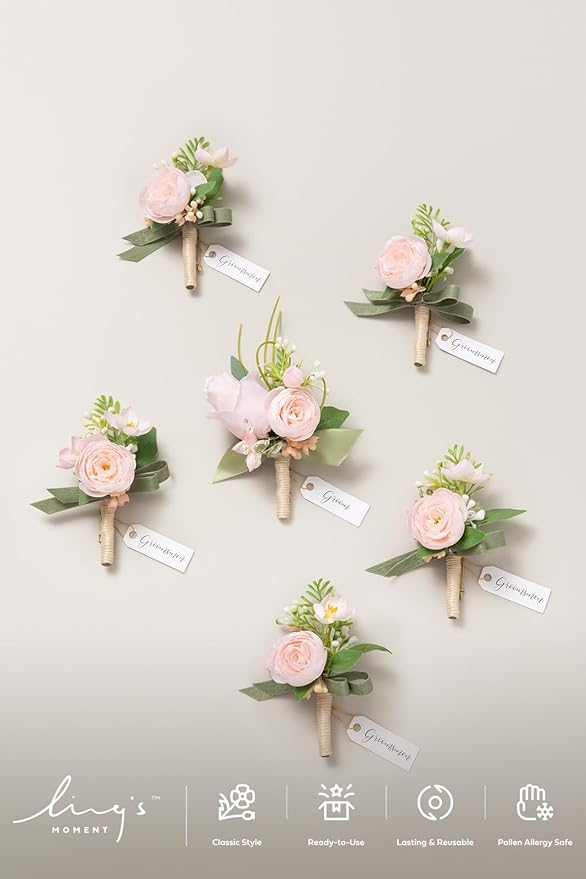 Ling's moment Boutonniere for Men, 6pcs Groom Groomsmen Boutonniere, Artificial Flowers for Wedding Decor/Prom/Homecoming, etc.Blush Pink