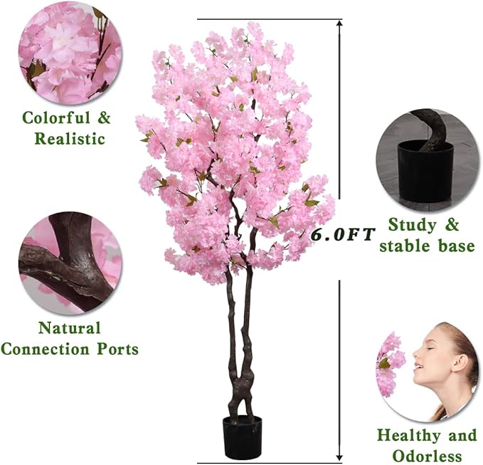Pink Artificial Cherry Blossom Tree 6 FT Indoor Decor Faux Flower Tree Cherry Blossom Tree for Room Decor Gift