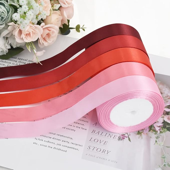 TONIFUL 1 Inch x 125 Yards 5 Colors Satin Ribbon Rolls, Mixed Red Color Set Fabric Ribbon for Gift Wrapping Embellish Wedding Birthday Party Decoration Bow Making Floral Craft Sewing（red）