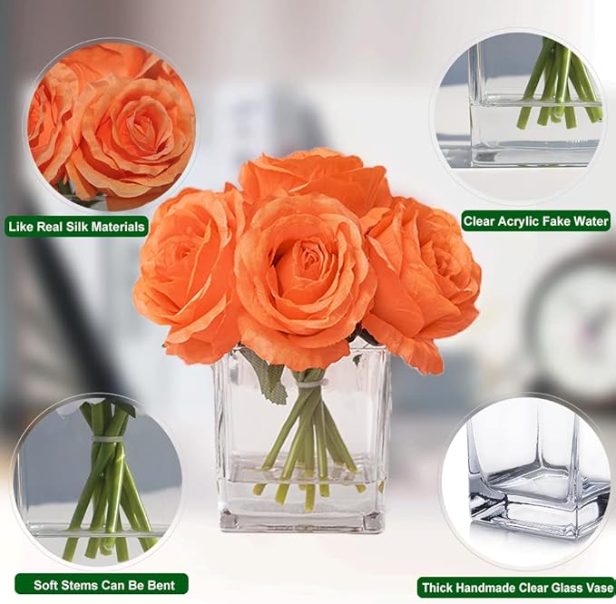 Silk Rose Artificial Flowers in Vase, Faux Floral Arrangement with Fake Water in Vase for Home Decor, Wedding Table (Orange)