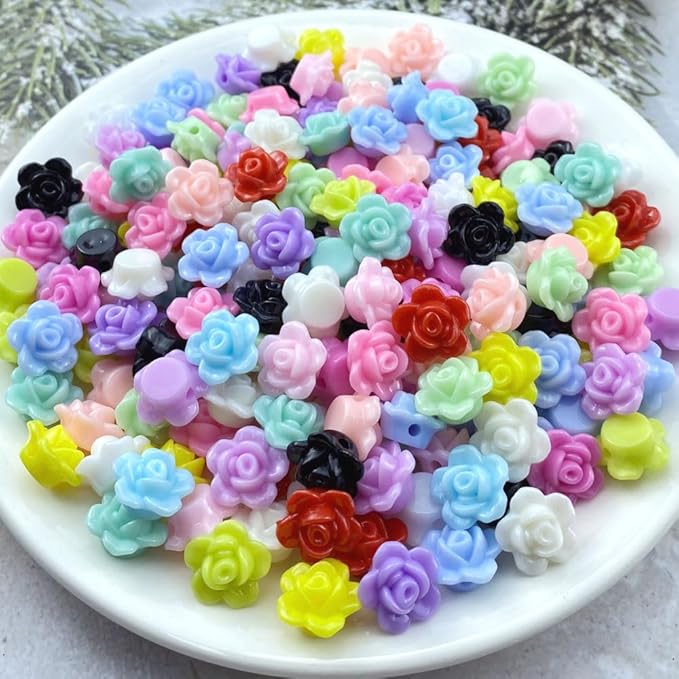 200pcs Acrylic Rose Flower Beads Candy Color Flat Back Spacer Beads Loose Pastel Colorful Decor for DIY Crafts Jewelry Making Bracelet Necklace Earrings(Mixed Color)