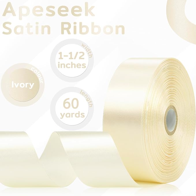 60 Yards Ivory Ribbon 1-1/2 Inch, Solid Cream Satin Ribbon for Gift Wrapping, Crafts, Flower Bouquet, Wedding, Baby Shower, Festival, Christmas, Birthday