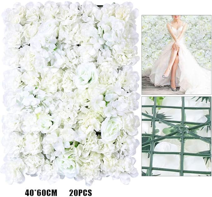 20 Pack Flowers Wall Panels Artificial Floral Wall Mat Handmade 3D Silk Rose Hydrangea Dahlia Floral Panels for Photo Background Home Party Wedding Backdrop Decoration, 24 x 16 inch (C)